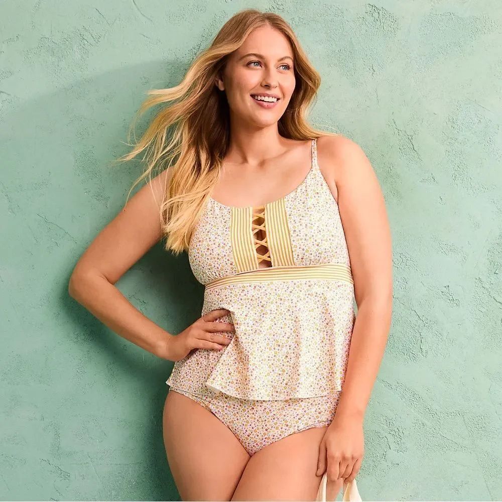Land's End lace up flutter tankini swim top yellow multi floral stripe Various